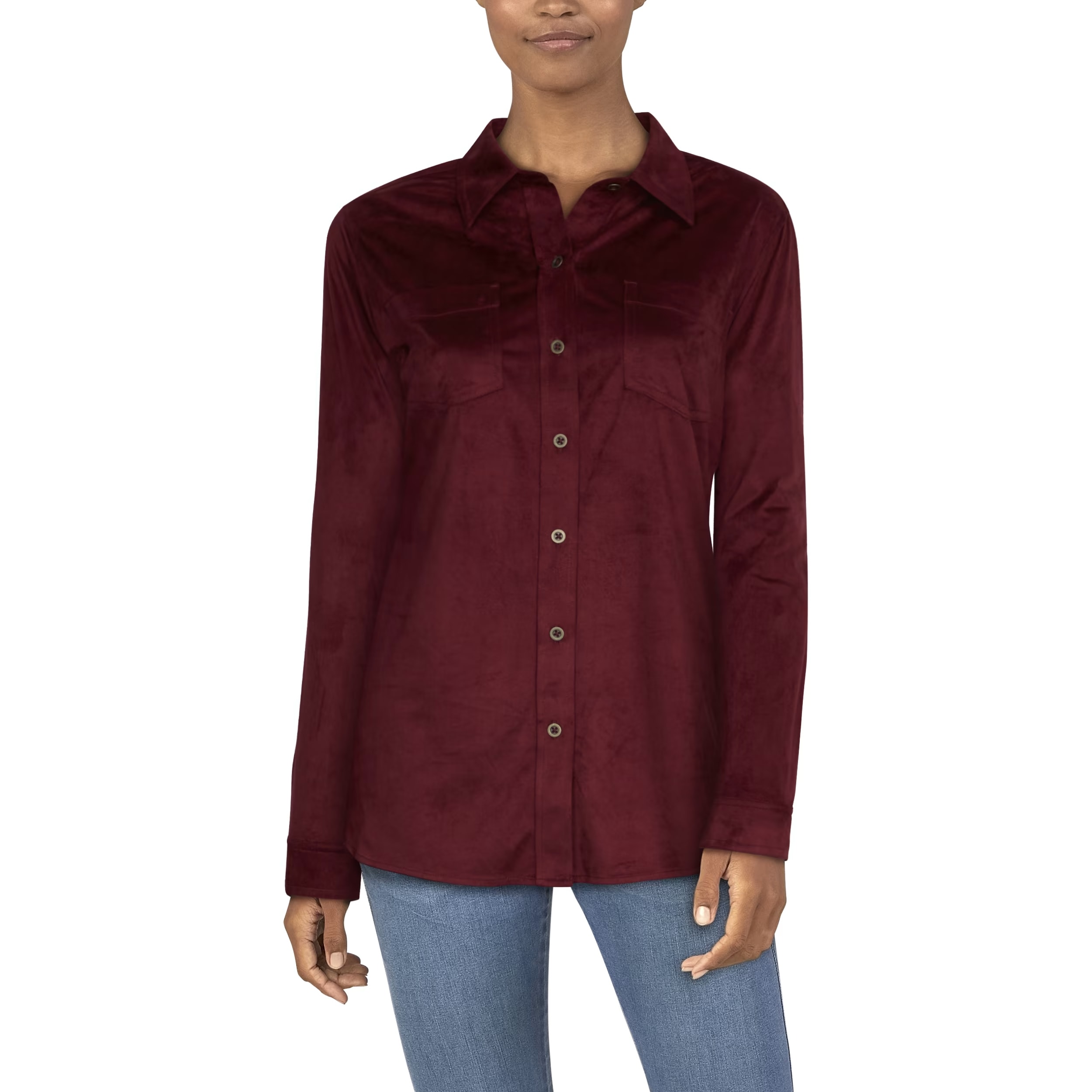 Natural Reflections® Womens Faux Suede Button Down Long Sleeve Shirt