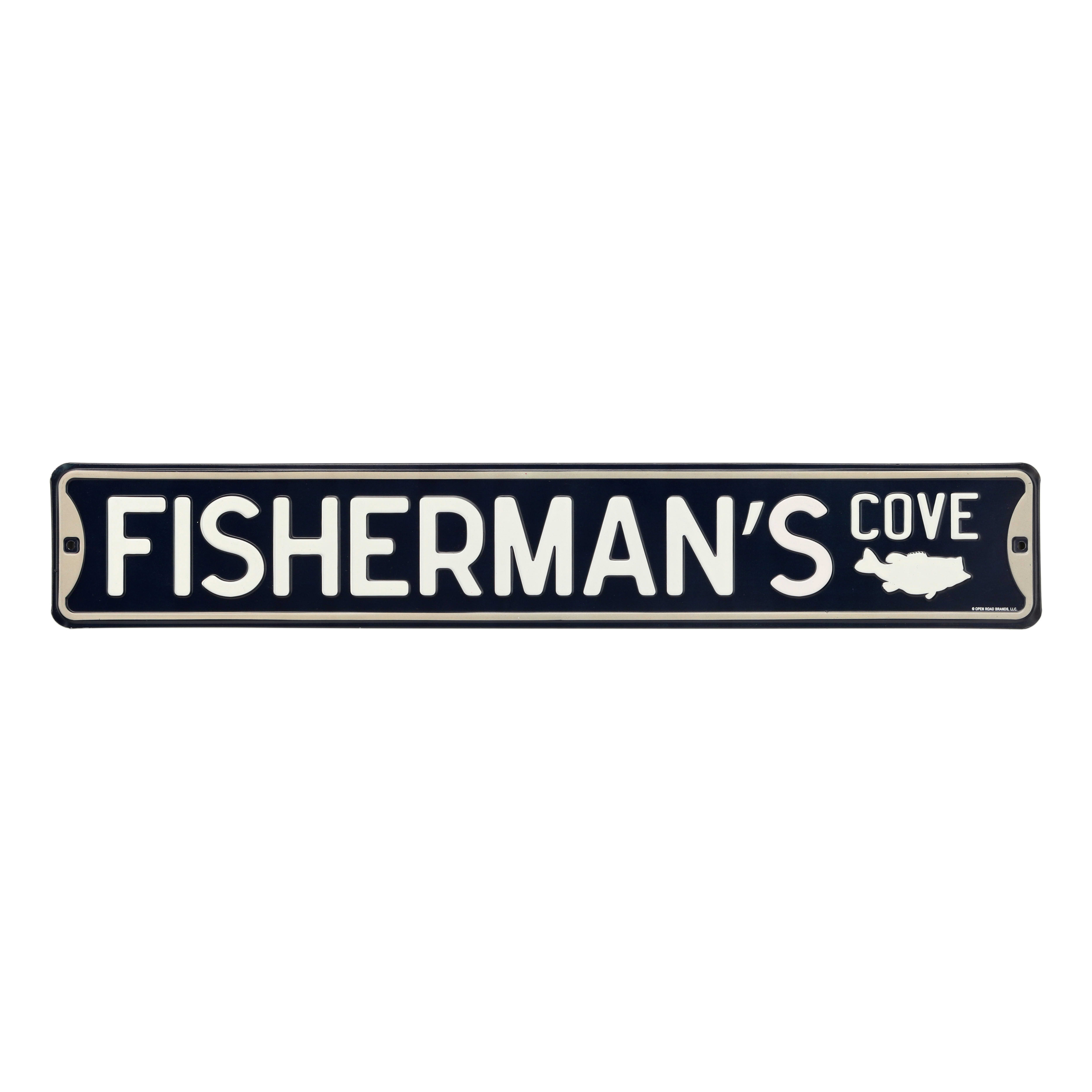Open Roads Fisherman Cove Die Cut Embossed Metal Sign