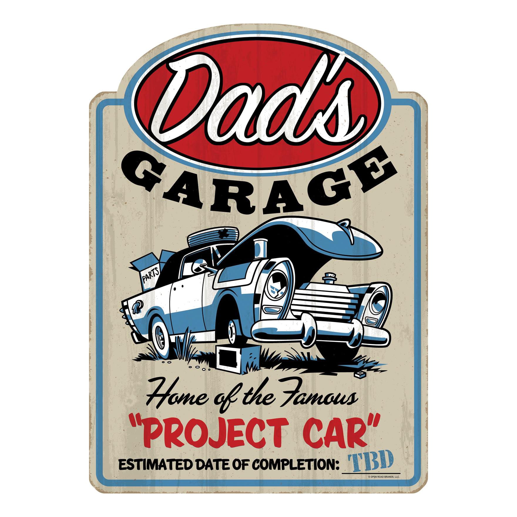 Open Roads Dad's Garage Project Car Embossed Metal Sign