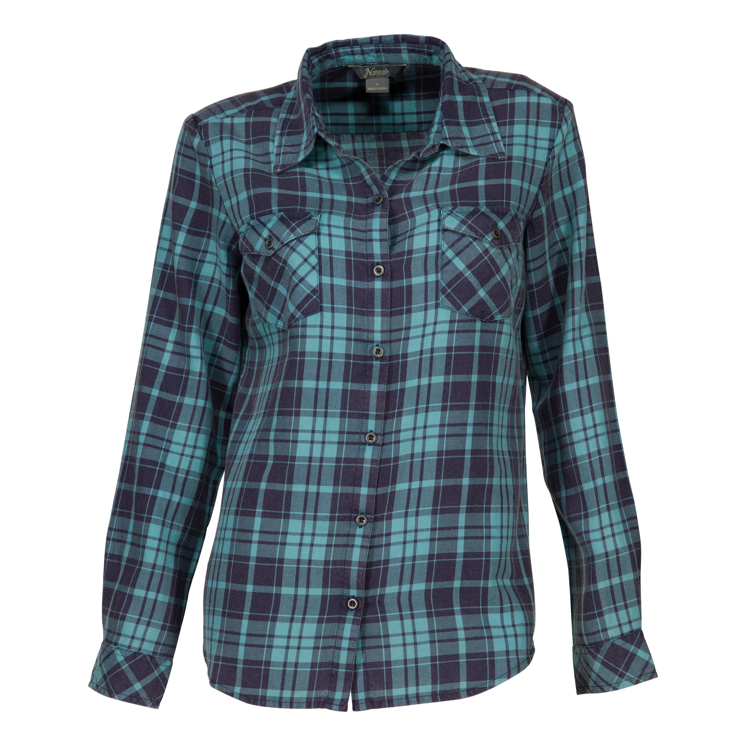Natural Reflections® Women’s Acid-Washed Plaid Shirt - Turquoise/Blue