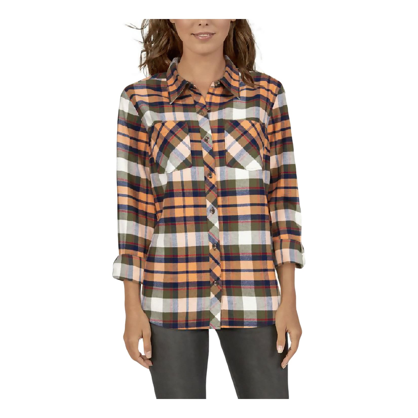 Natural Reflections® Women’s Long-Sleeve Brushed Flannel Shirt - Olive Night Plaid