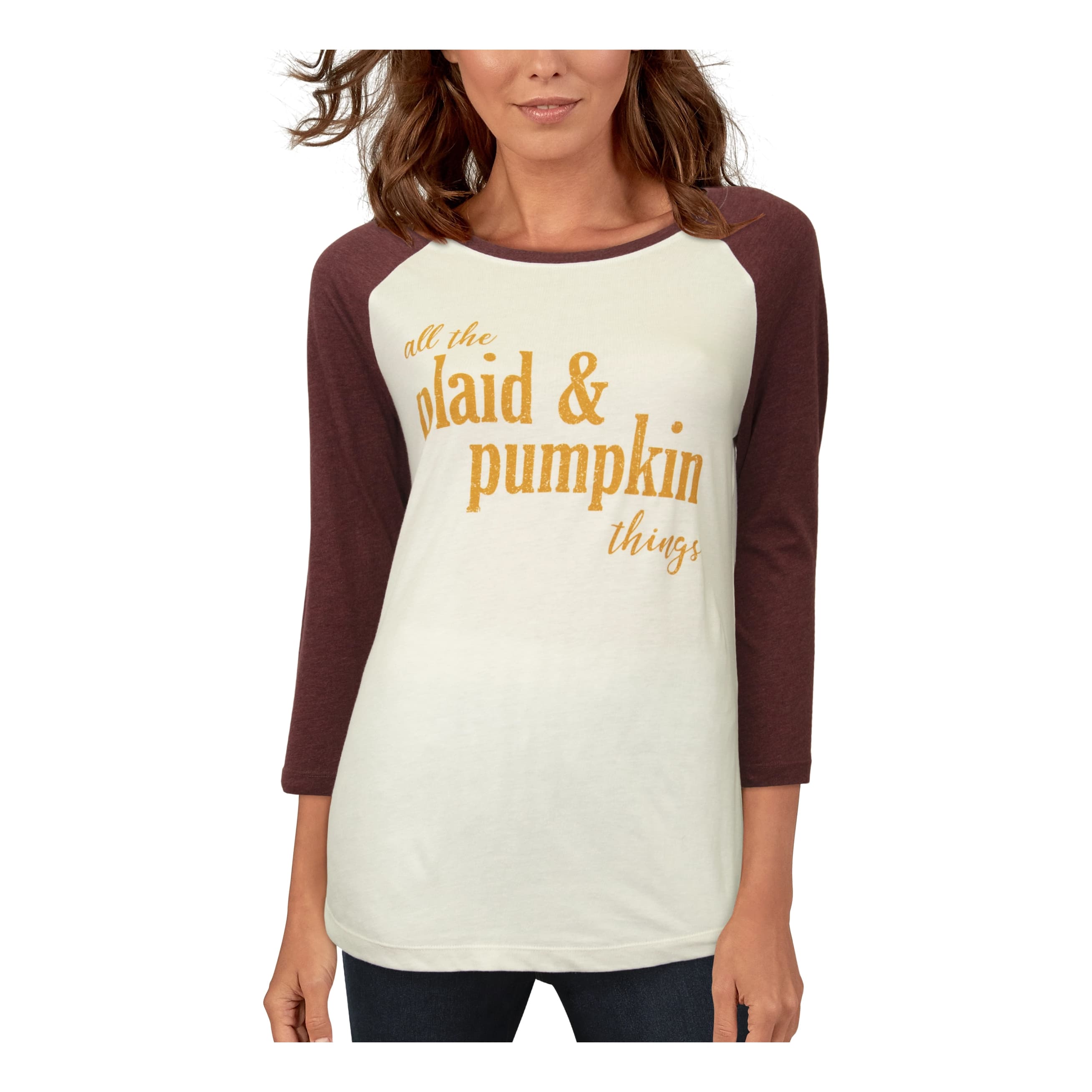 Natural Reflections® Women’s Plaid and Pumpkin Three-Quarter-Sleeve Baseball T-Shirt