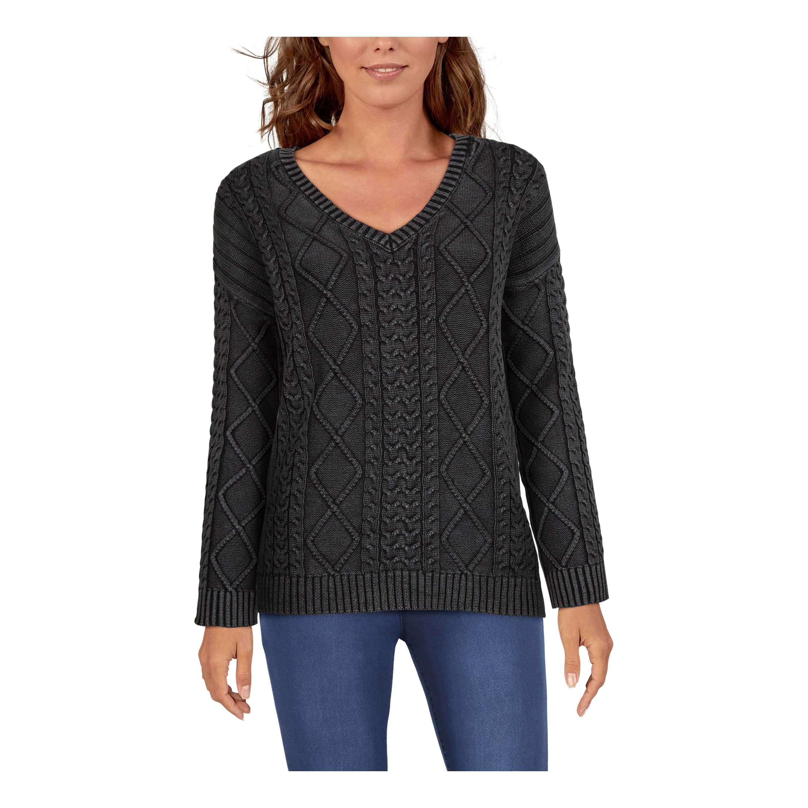 Natural Reflections® Women’s Acid-Wash Cable-Knit Long-Sleeve Sweater - Caviar