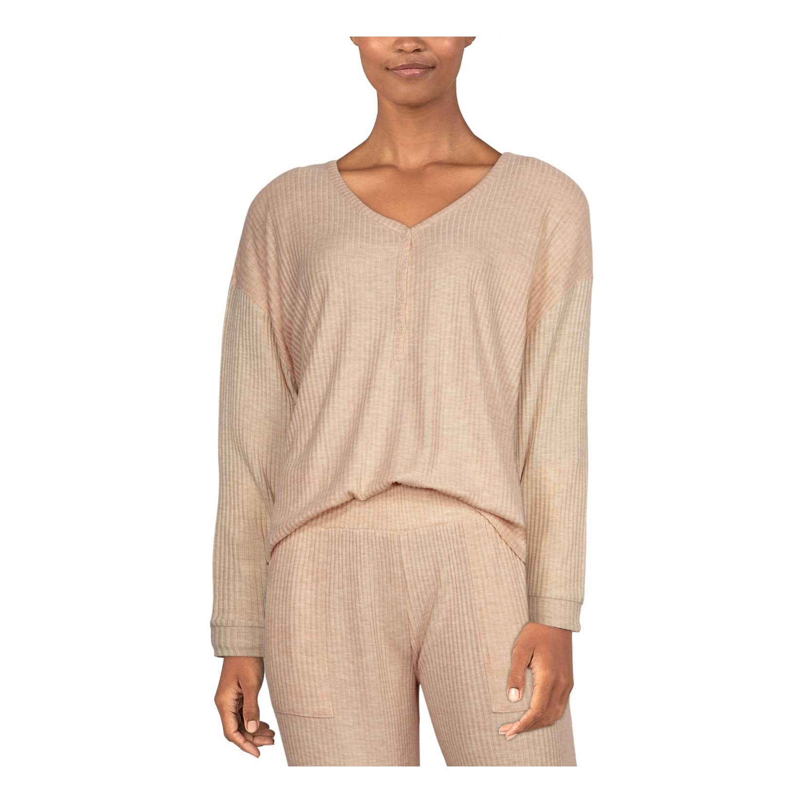 Natural Reflections® Women’s Rib-Knit Long-Sleeve Henley - Peach Whip Heather