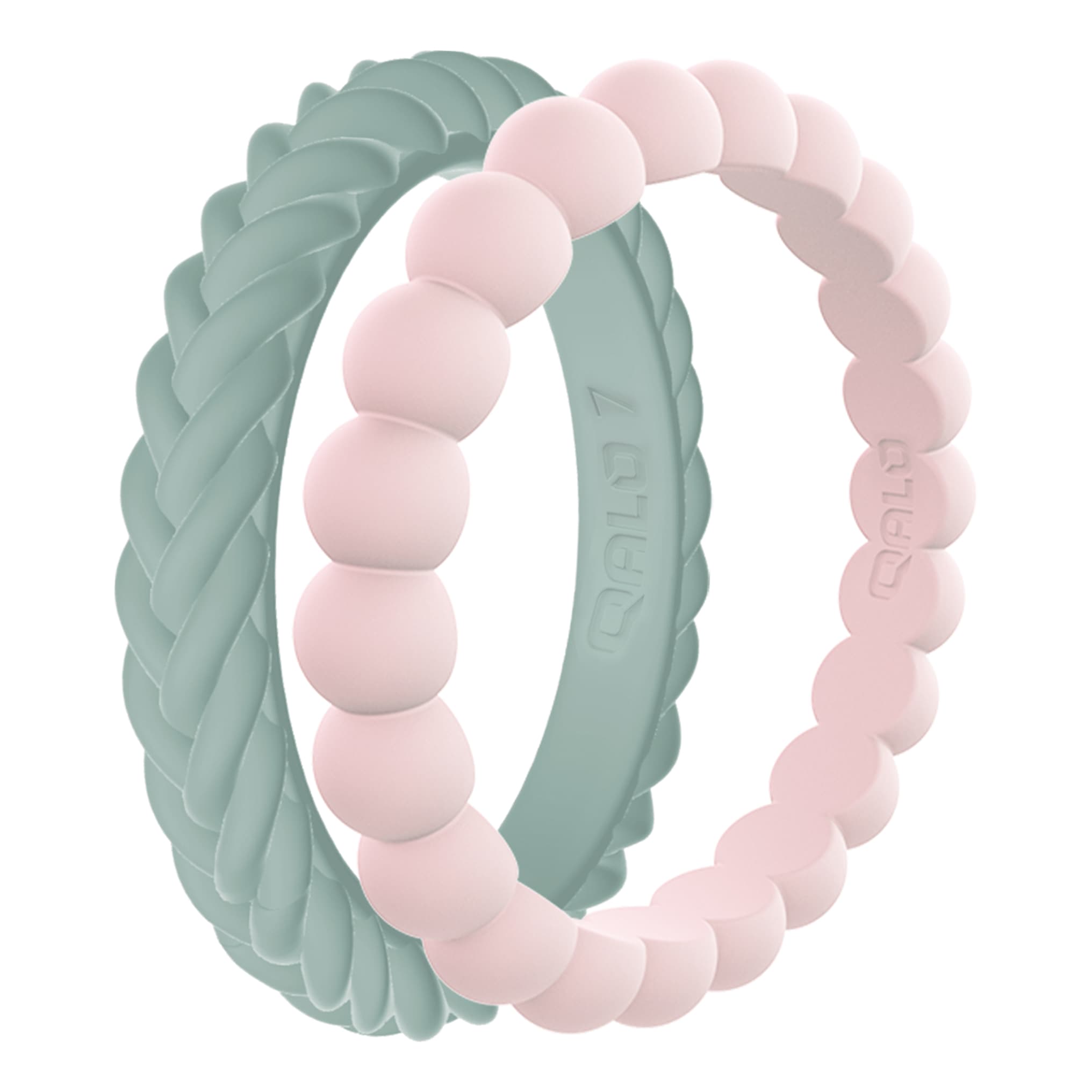 QALO Women's Taking Aim Sage/Pink Stackable Silicone Ring Set