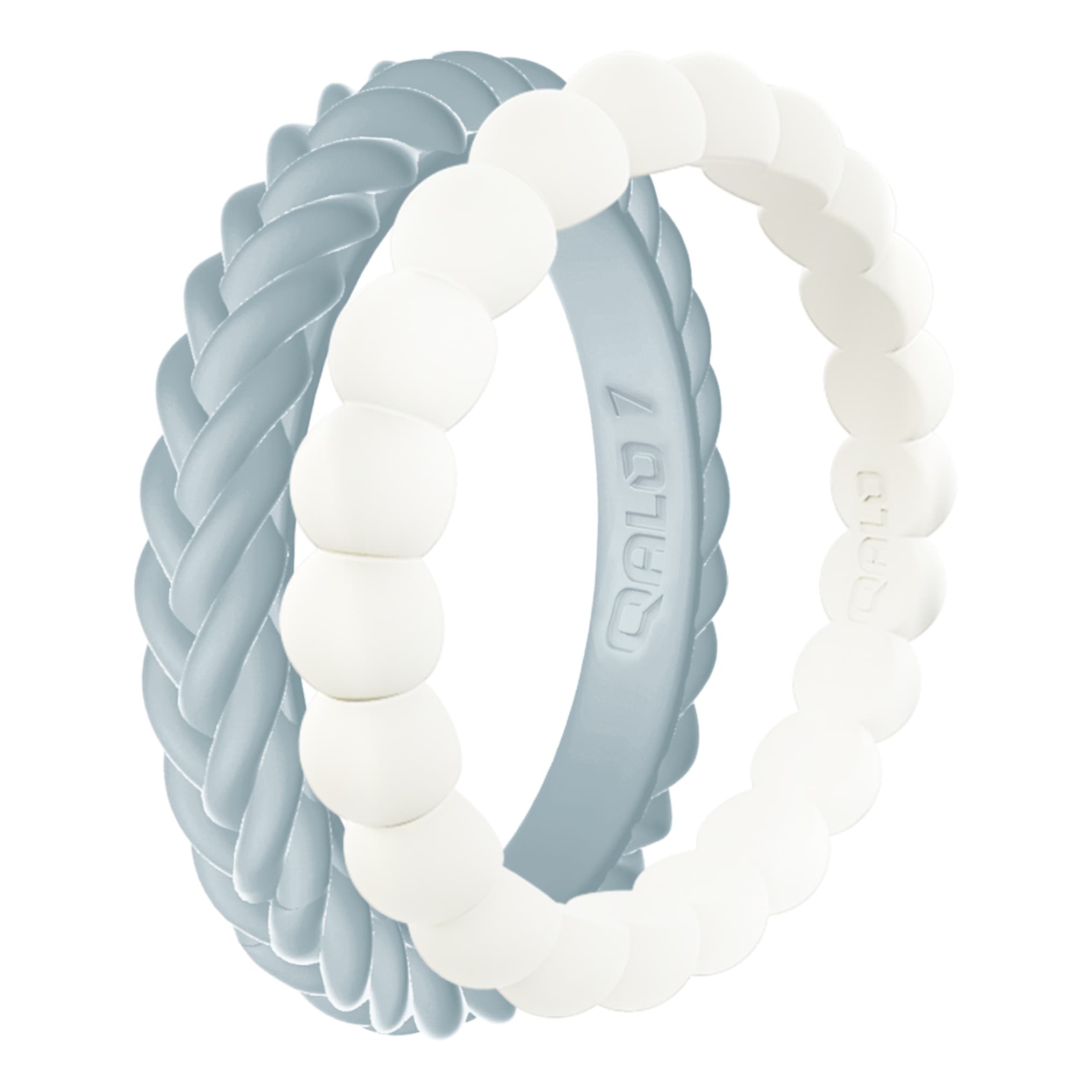 QALO Women's Vintage Denim Pearl/Blue Stackable Silicone Ring Set 