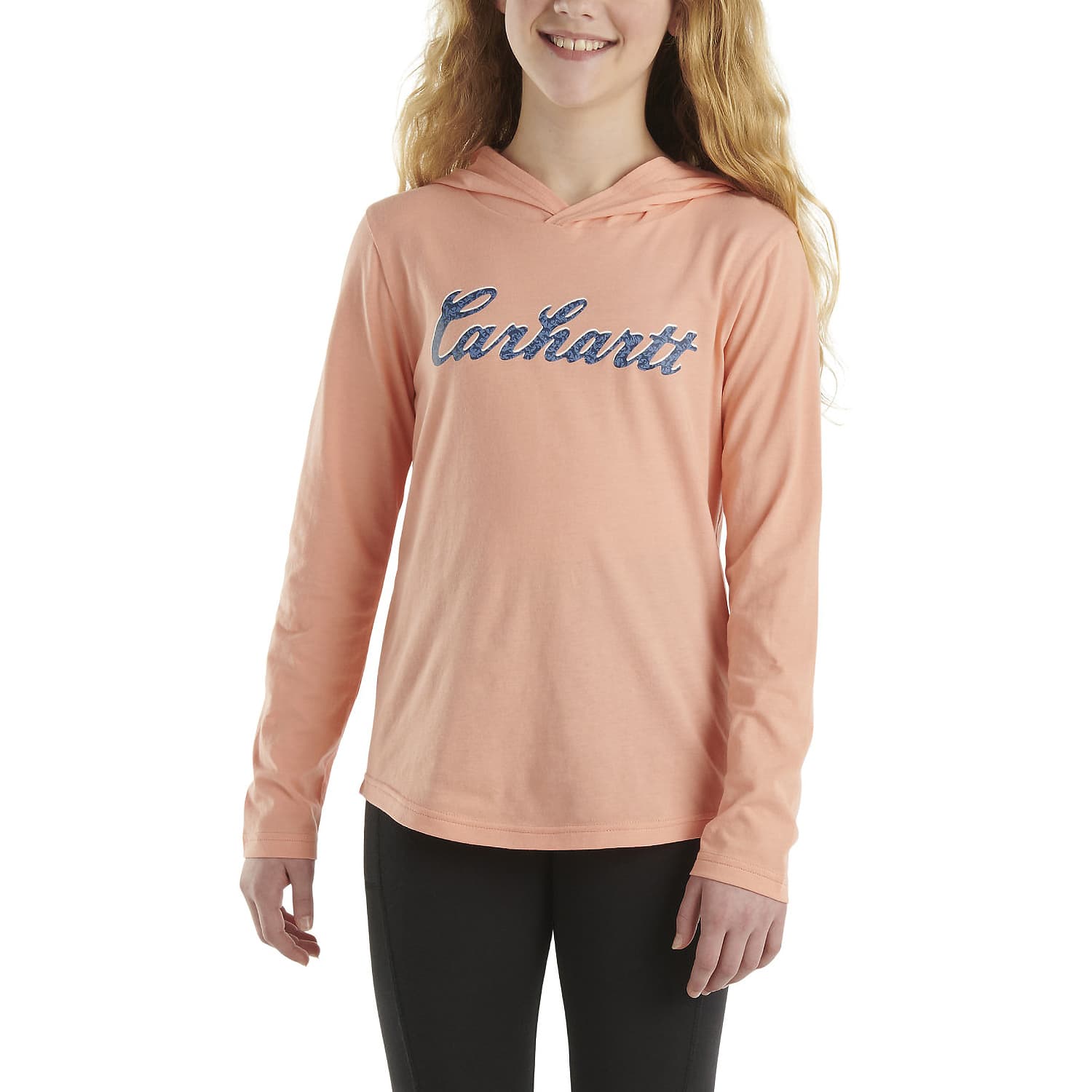 Carhartt® Girls’ Long-Sleeve Hooded Cursive Logo T-Shirt
