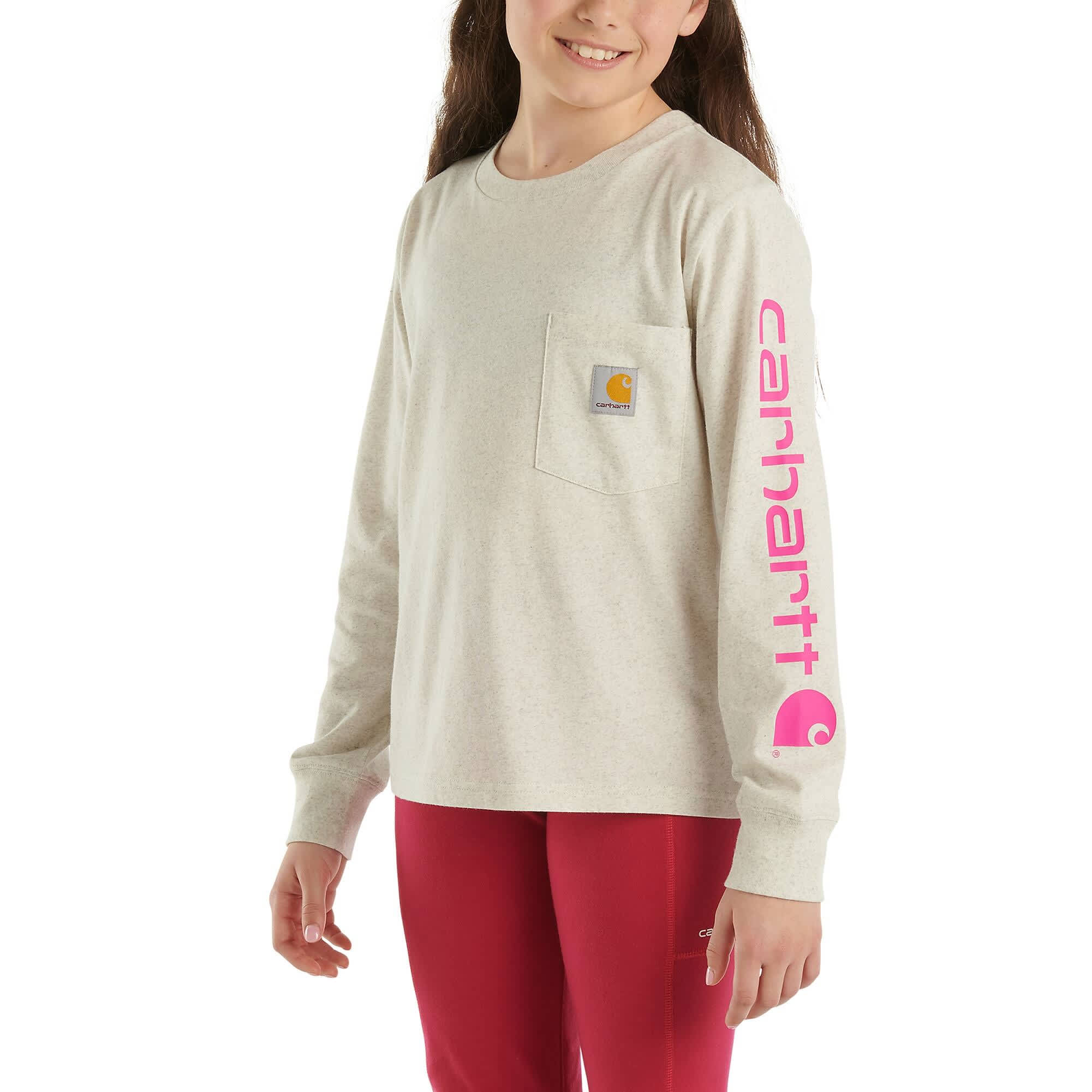 Carhartt® Girls’ Long-Sleeve Graphic Pocket Heather T-Shirt