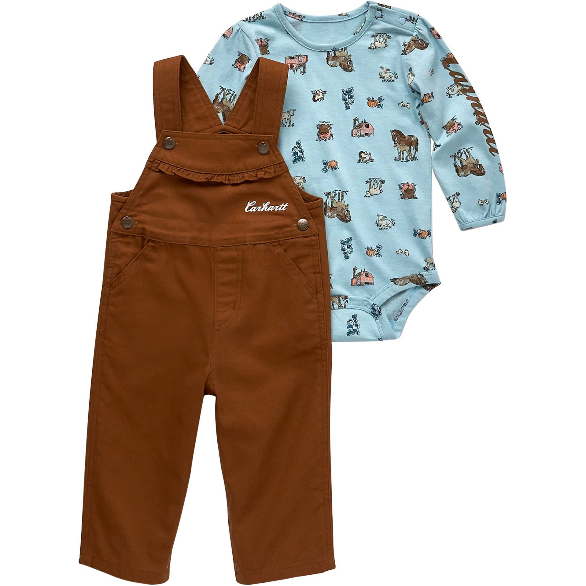 Carhartt® Infant Girls’ Long-Sleeve Print Bodysuit And Canvas Overalls Set