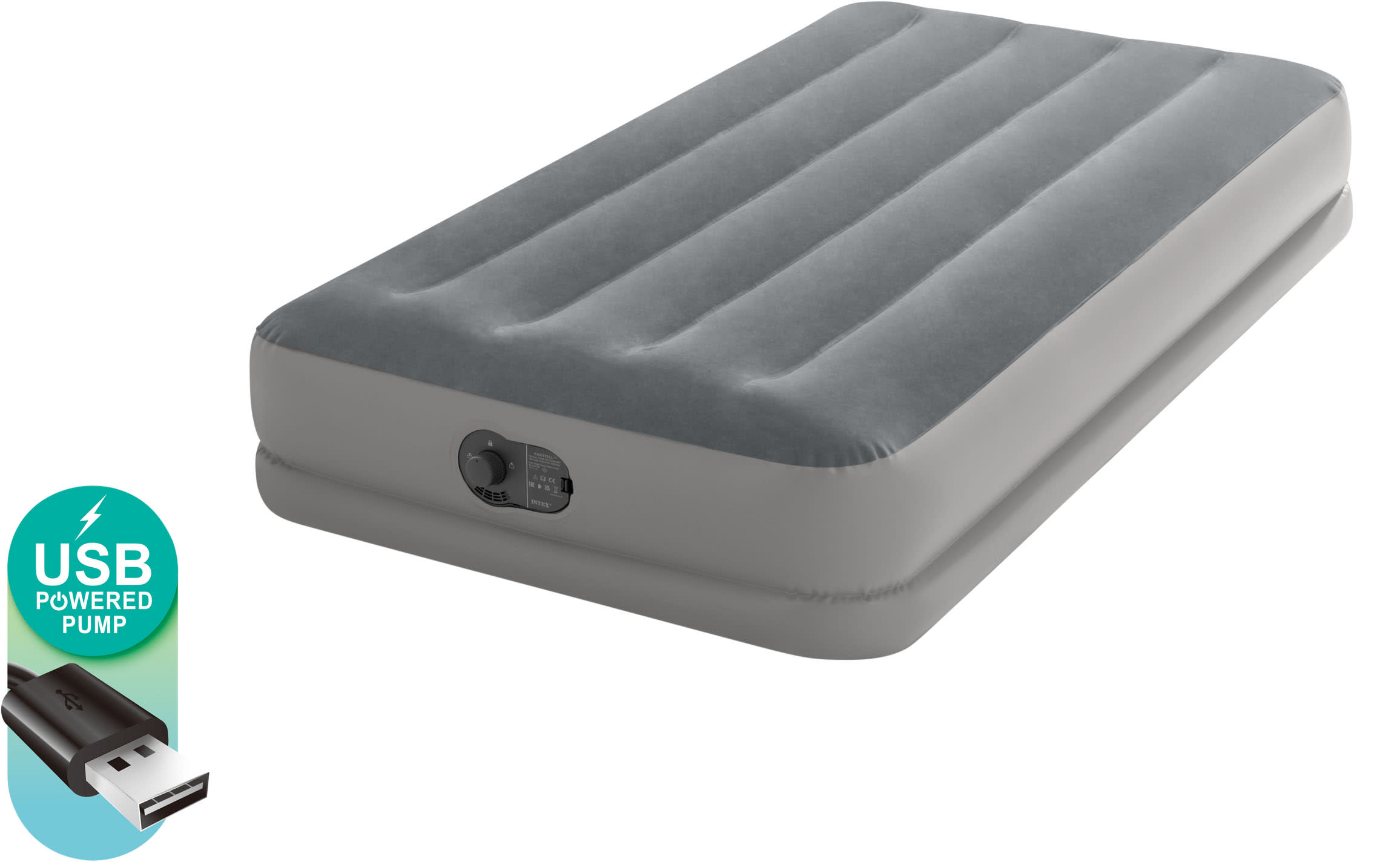 INTEX 64112E Dura Beam Standard Prestige Air Mattress Fiber Tech Twin Size Built in USB Electric Pump 12in Bed Height 300lb Weight Capacity