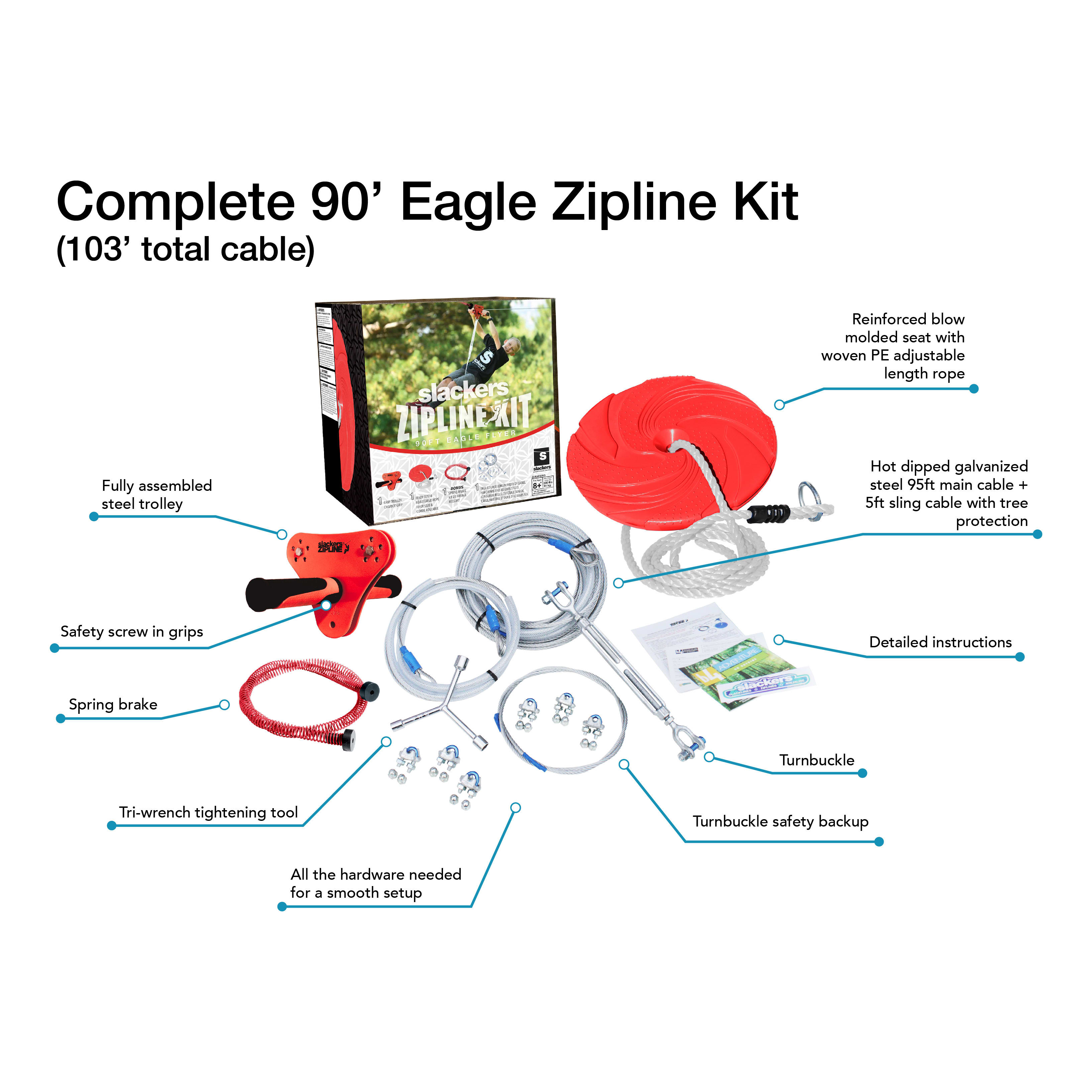 Slackers Eagle Series Ziplines with Seat - Features View