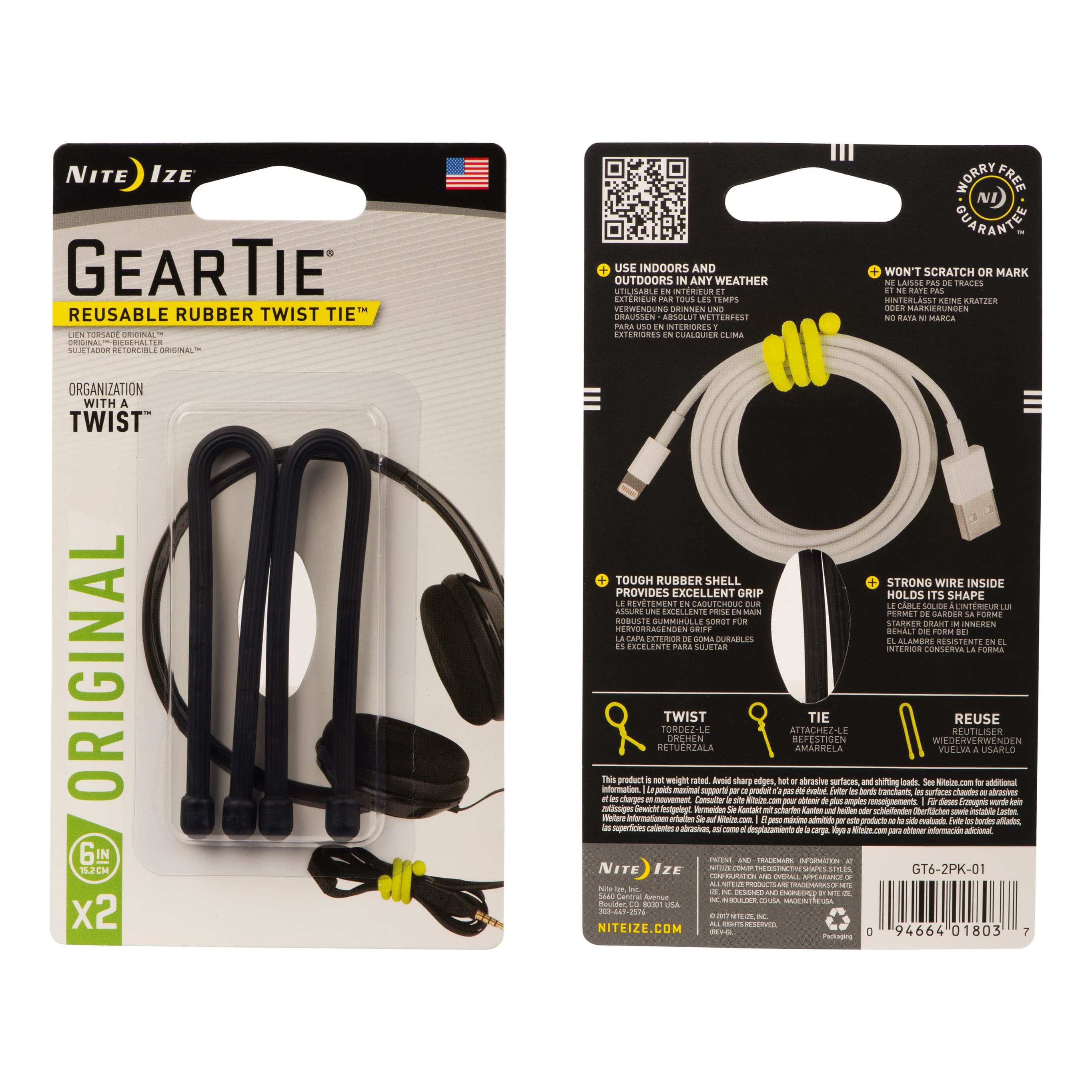 Nite Ize Gear Tie® Reusable Rubber Twist Tie™ 6" - 2 Pack - Black - Packaging View