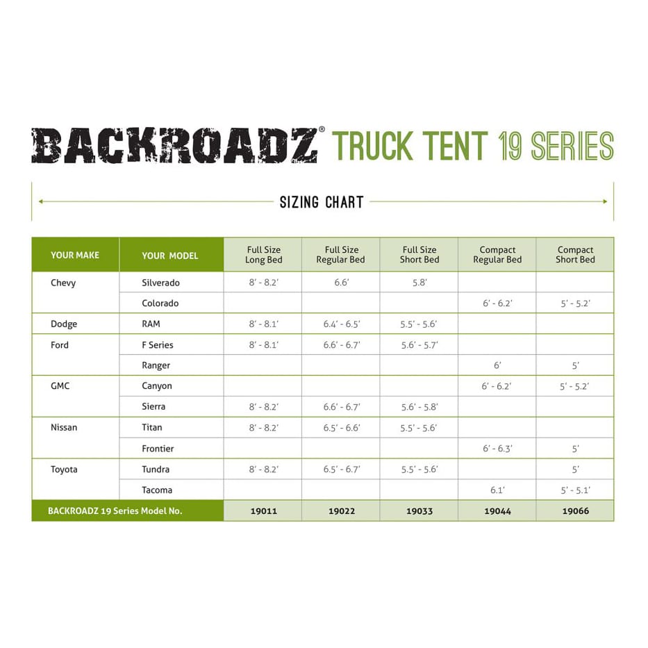 Backroadz Truck Tent - sizing chart
