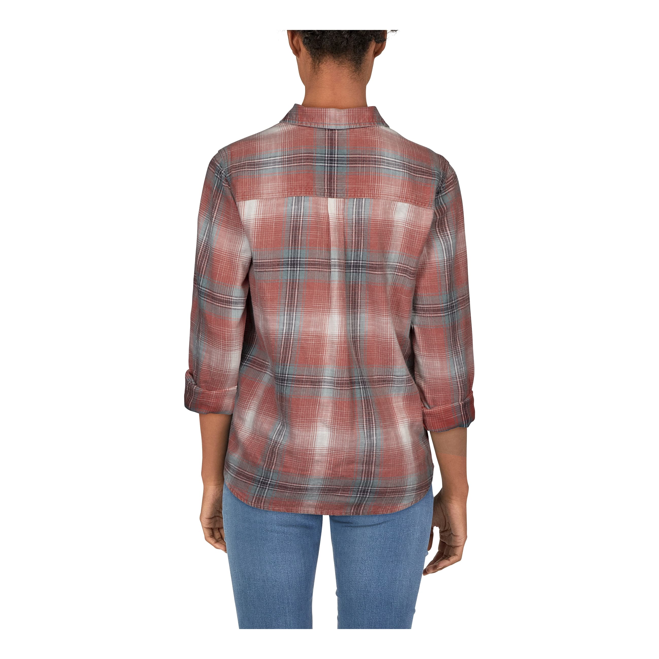 Natural Reflections® Women’s Acid Wash Plaid Long-Sleeve Shirt - Redwood Plaid - back
