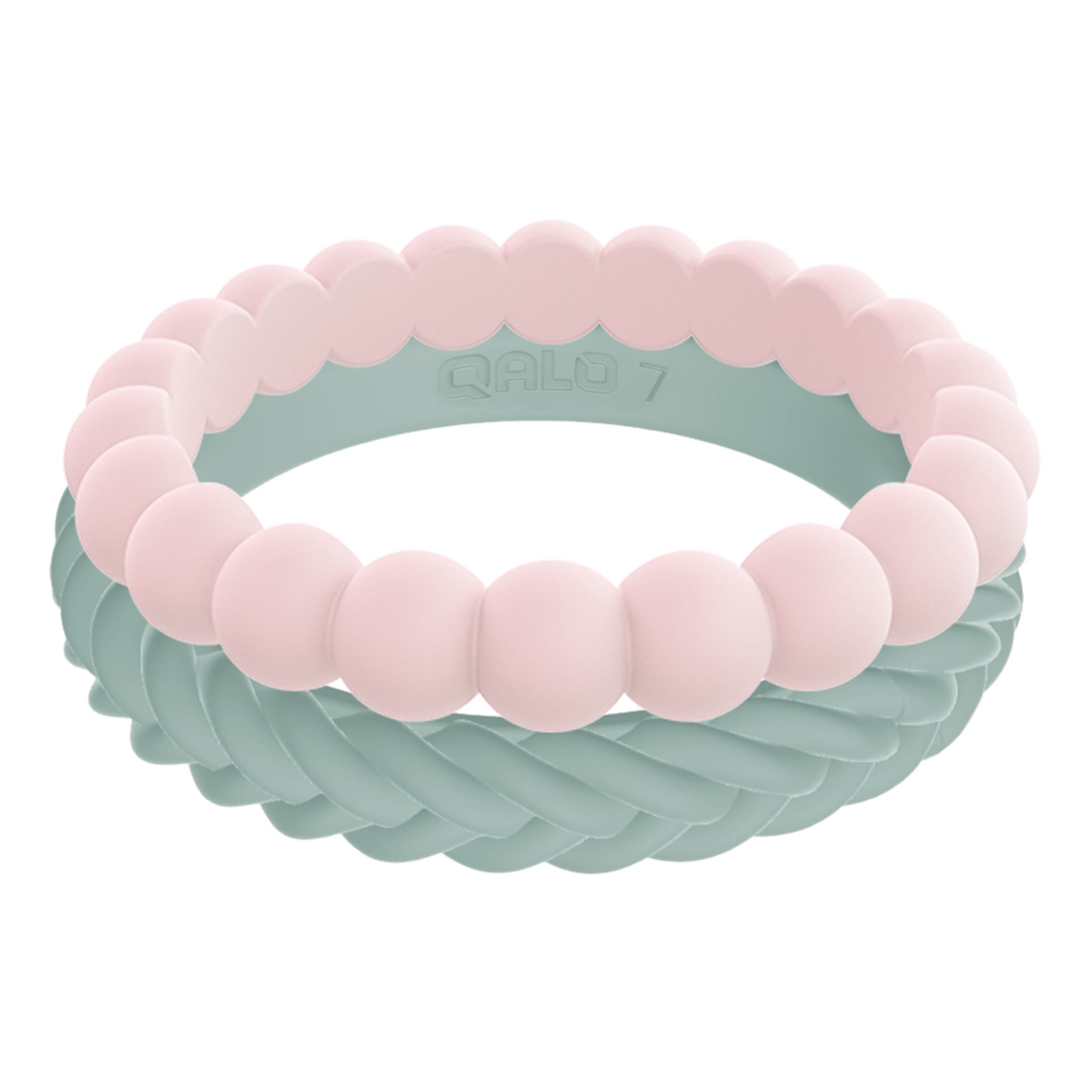 QALO Women's Taking Aim Sage/Pink Stackable Silicone Ring Set