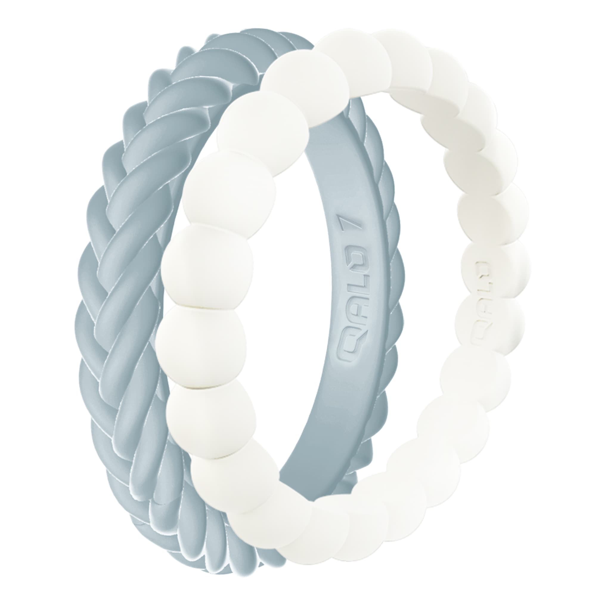 QALO Women's Vintage Denim Pearl/Blue Stackable Silicone Ring Set