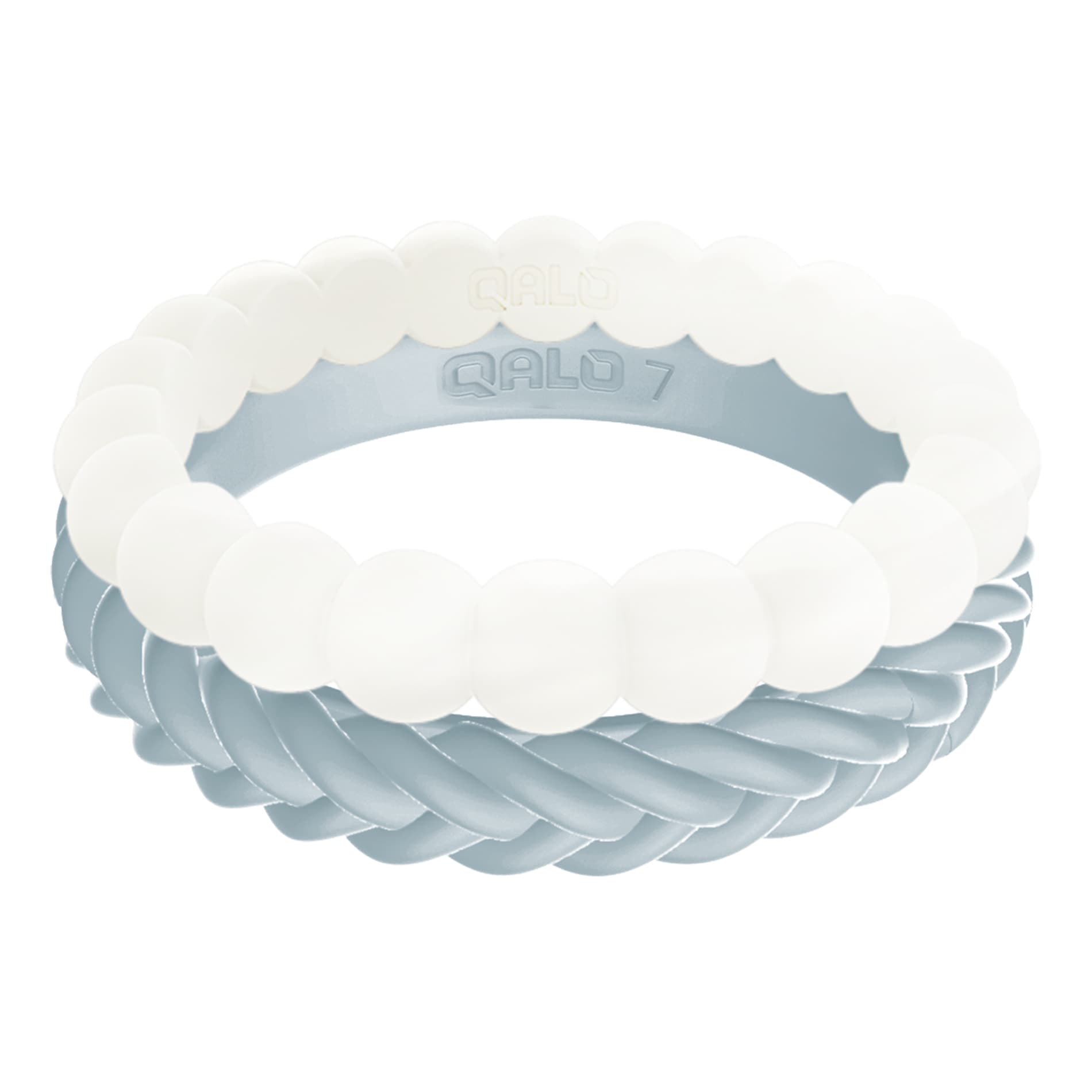 QALO Women's Vintage Denim Pearl/Blue Stackable Silicone Ring Set