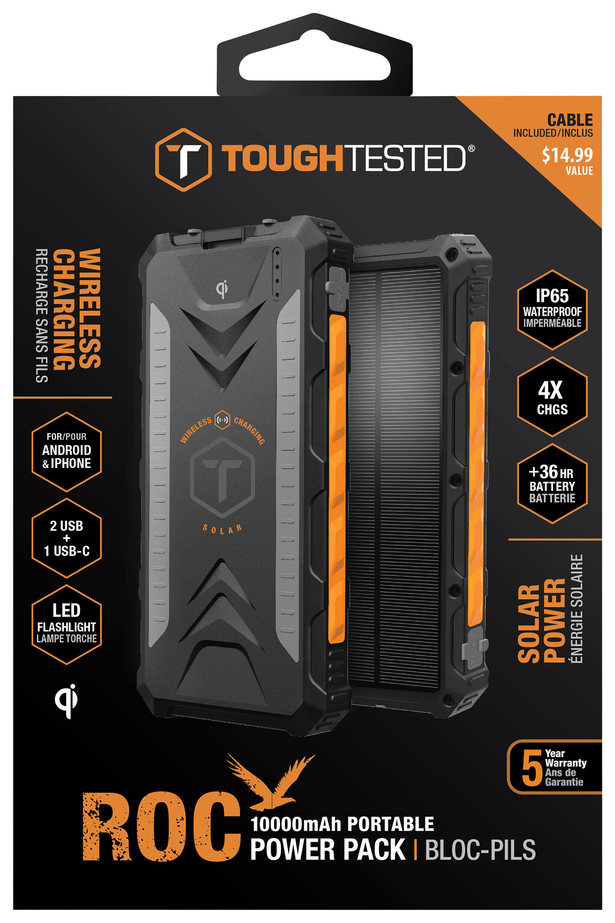 ToughTested® ROC Waterproof 10,000mAh Solar Wireless Charger