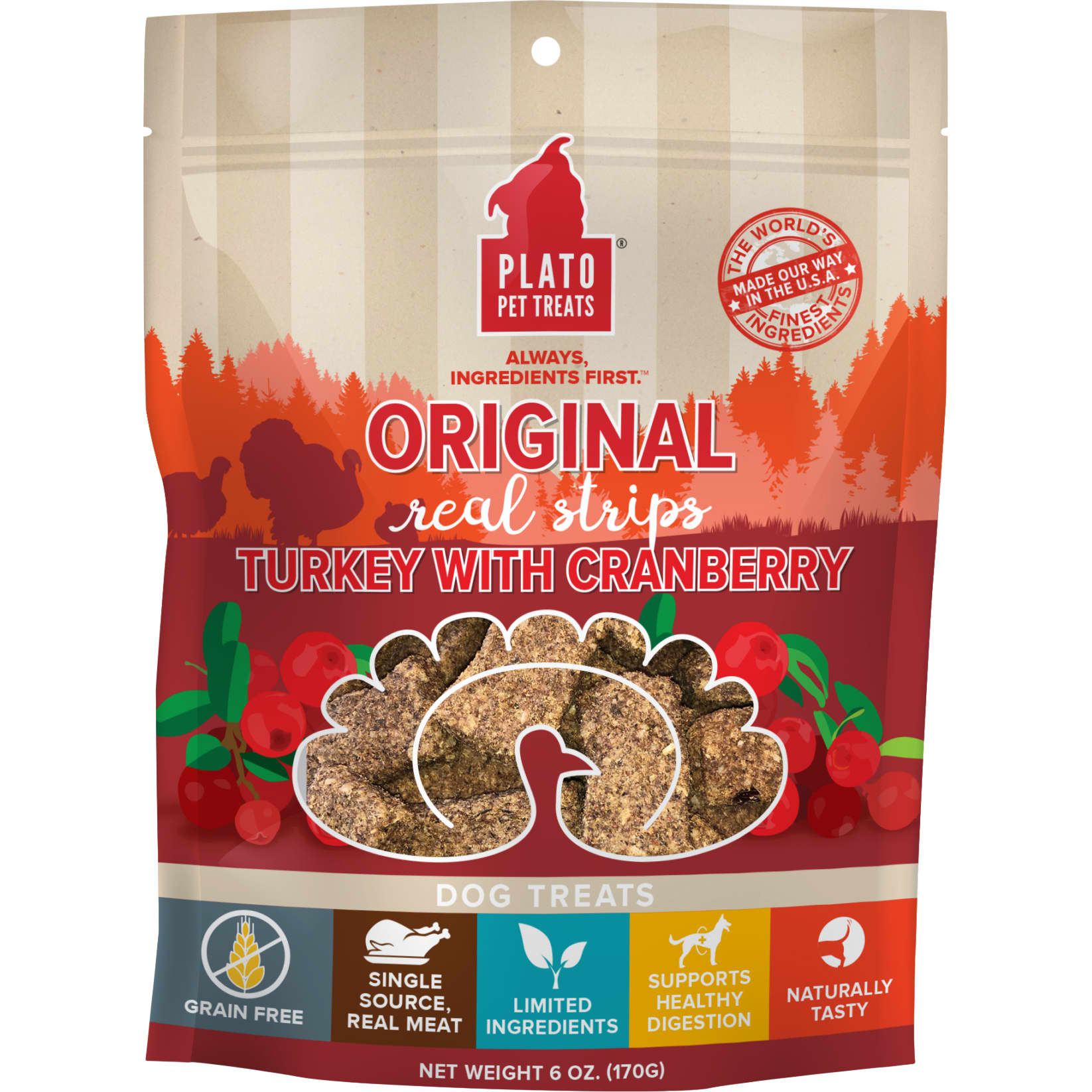 Plato Pet Treats Real Strips Turkey With Cranberry Meat Bar Dog Treats